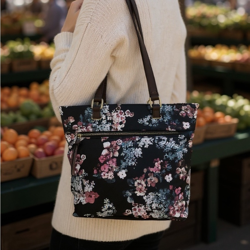 Floral Tote Bag with Dark Leather Handles - Black Floral